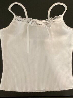 Calypso White Ribbed Camisole With Lace and Ribbon Trim - Small